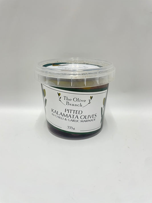 The Olive Branch Pitted Kalamata with Chill & Garlic 335g